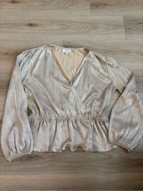 a new day Metallic Pleated Wrap Peplum Blouse - Champagne